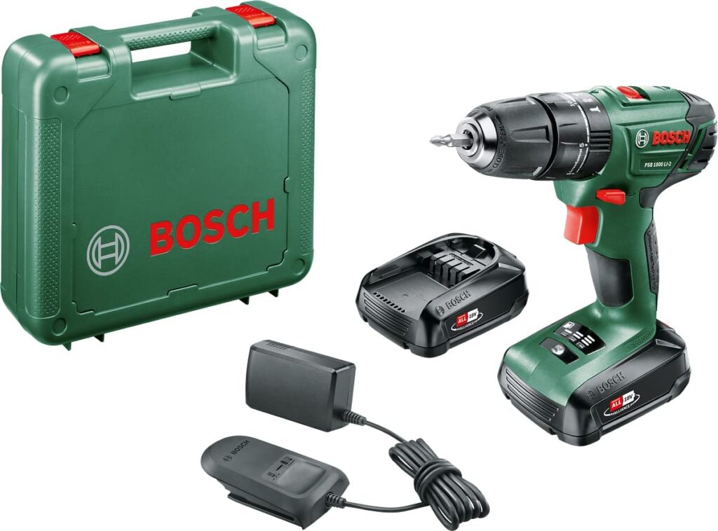 Atornillador eléctrico Bosch Home and Garden PSB 1800 LI-2 (2 baterías, sistema de 18 voltios, en maletín de transporte)