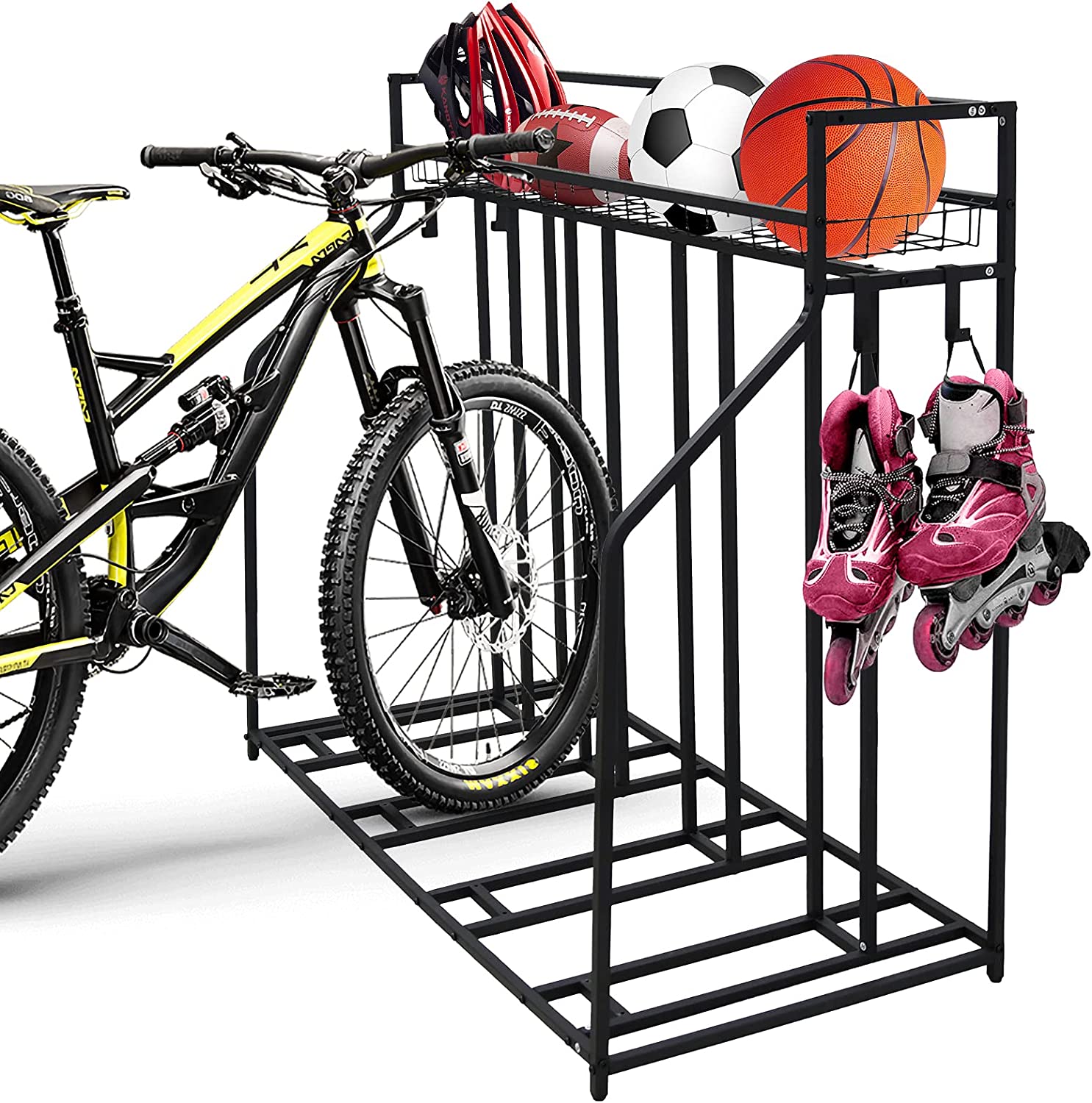 Sanheshun Soporte para bicicleta con 4 soportes para bicicletas con cesta de almacenamiento y 4 ganchos, para almacenamiento de garaje, montaña, híbrido