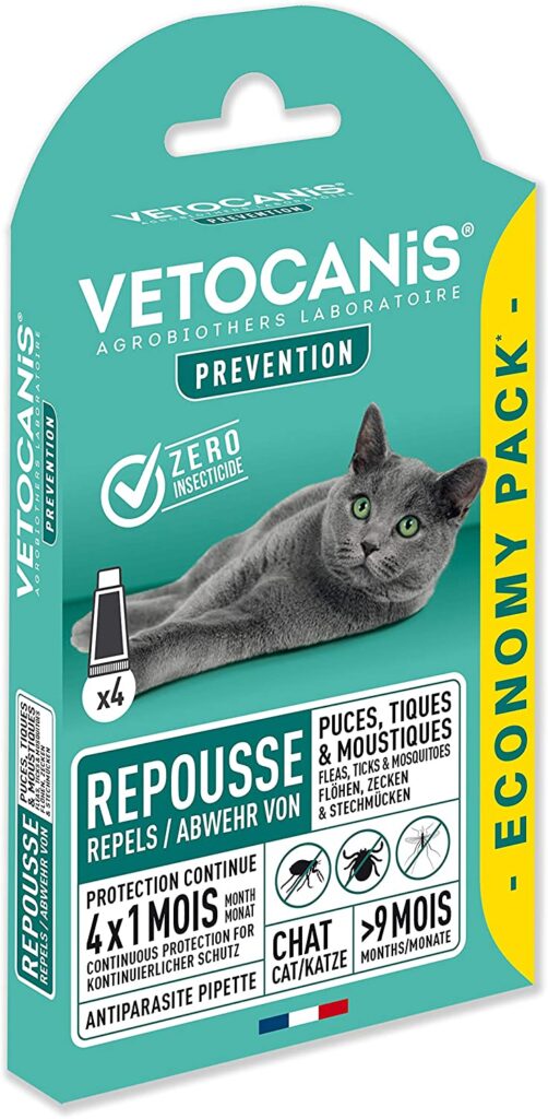 VETOCANIS Antipulgas y antigarrapatas para Gatos con 4 pipetas como Repelente eficaz con 4 x 1 Mes de duración de protección
